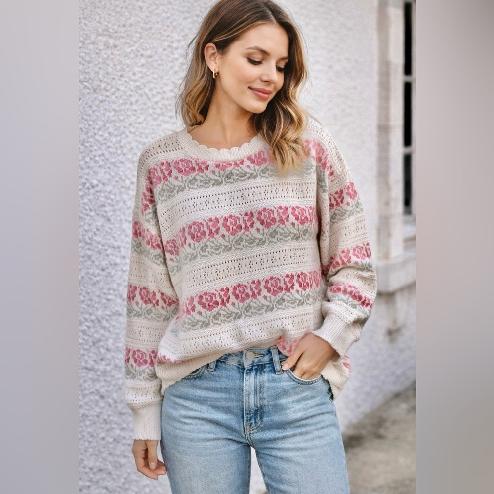 Sweater Exchange Vintage Cottagecore Knit Sweater Floral Pink Gray Cream Size S